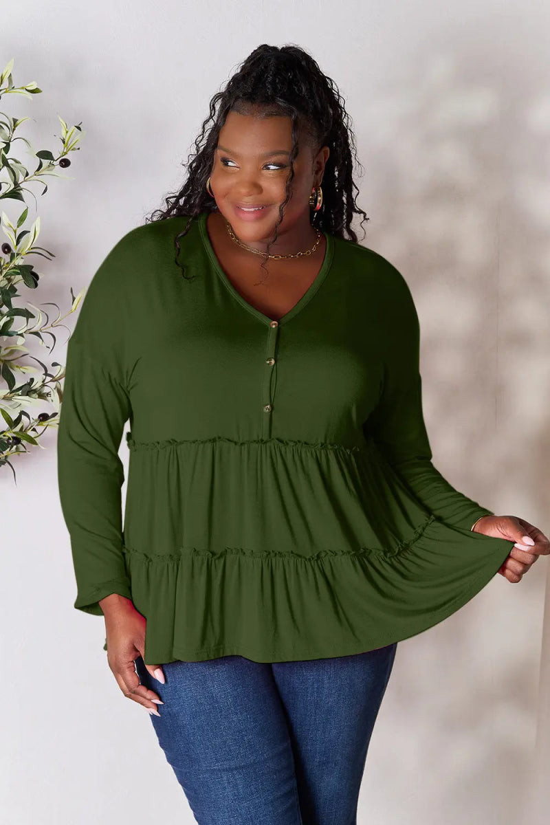 Double Take Half Button Long Sleeve Ruffle Hem Blouse - Love Salve